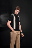 Retro Stripe Zip Knit Polo BLACK/KHAKI