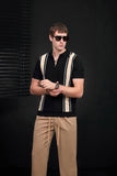Retro Stripe Zip Knit Polo BLACK/KHAKI