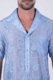 Cuban Collar Embroidered See-Through Short Sleeve Shirt