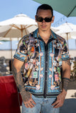 Coral Rhinestone Camp Collar Short Sleeve Shirt