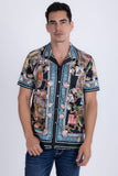 Coral Rhinestone Camp Collar Short Sleeve Shirt