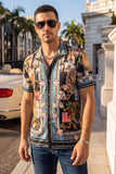 Coral Rhinestone Camp Collar Short Sleeve Shirt