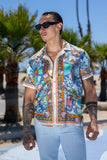 Coral Rhinestone Camp Collar Short Sleeve Shirt