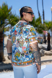 Coral Rhinestone Camp Collar Short Sleeve Shirt