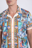Coral Rhinestone Camp Collar Short Sleeve Shirt