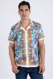 Coral Rhinestone Camp Collar Short Sleeve Shirt