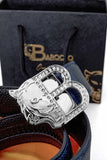 Croc-Embossed Leather Auto BKL Belt – Silver Ed. SILVER/NAVY