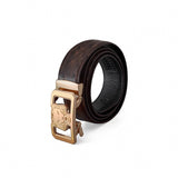Ostrich-Emb. Leather Lion Auto BKL Belt – Gold Ed. GOLD/COFFEE
