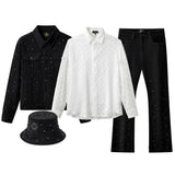 Celestial Stud Denim Jkt + Haven Textured Long Sleeve Shirt + Celestial Stud Denim Pants + Midnight Serpent Rhinestone BLACK/WHITE