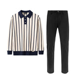 Imperial Stripe Knit Polo LS + Style Essential Pant  IVORY/BLACK
