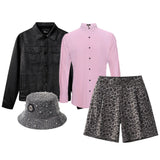Noir Trucker JKT + City Stroll Button-Up Shir + Arden Side-Tab Shorts + Sanctum Cross Denim hat BLACK/GREY/PINK