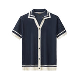 Contrast Trim Mesh Knit Button-Up NAVY