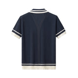 Contrast Trim Mesh Knit Button-Up NAVY