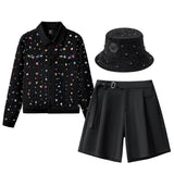 Prism Gem Denim Jkt + Contour Belted Short + Midnight Serpent RhinestonE hat BLACK