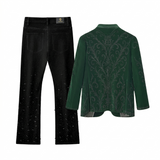 Valent Velvet Blazer + Celestial Stud Denim Pant Set - GREEN/BLACK