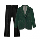 Valent Velvet Blazer + Celestial Stud Denim Pant Set - GREEN/BLACK