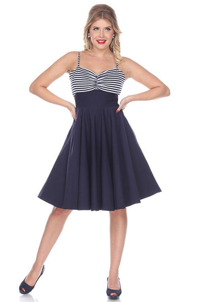 nautical cocktail dress Voodoo Vixen Blue Nautical Button Flare Dress – Unique Vintage
