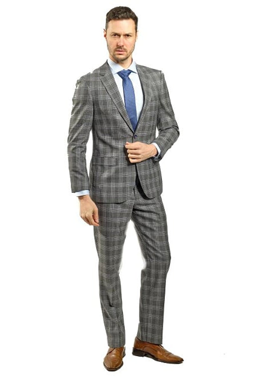 Slim Fit Grey Plaid Two Piece Suit GB-VBC-22