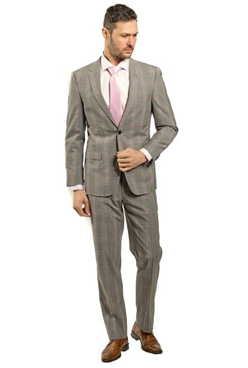 Slim Fit Grey Plaid With Red Detail Two Piece GB-ITA-308