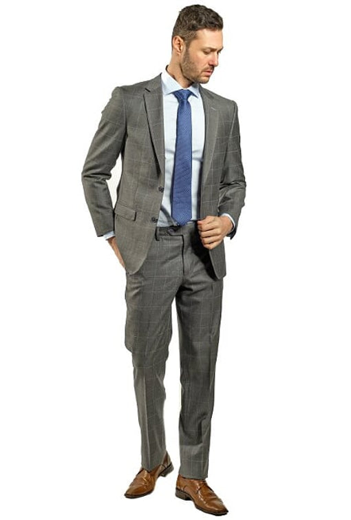 Slim Fit Grey Windowpane With Blue Detail Two Piece Suit GB-VBC-23