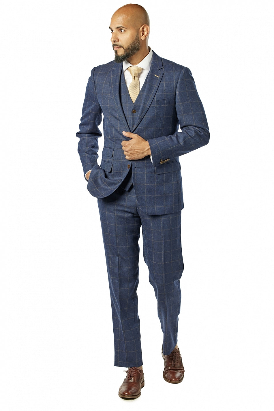 Slim Fit Navy Gold Windowpane Three Piece Suit GB-3P-322 Italy Direct Slim Fit Navy Gold Windowpane Three Piece Suit GB-3P-322 Italy Direct